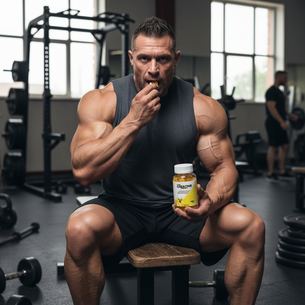Realistic Bodybuilder Eating Gummies